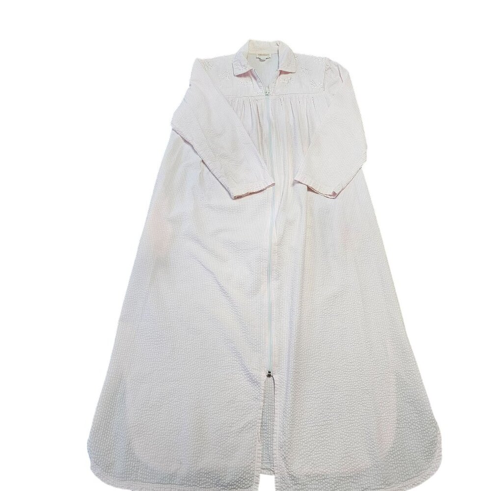 Vintage Barbizon Long Embroidered Nightgown Pajamas Pink White Seersucker Size S - Picture 6 of 16